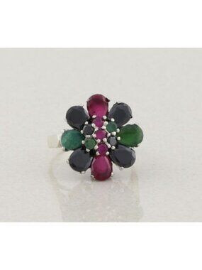 Sterling Silver Natural Ruby, Emerald, Onyx Flower Ring Size 9